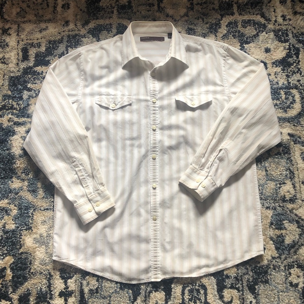 Perry Ellis Beige & White Long Sleeve Button Down